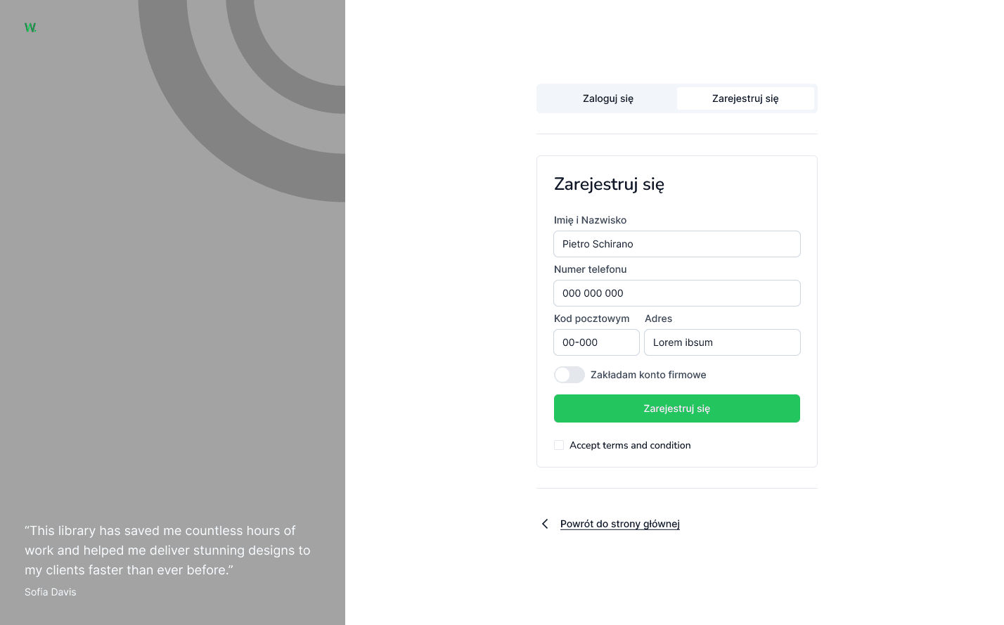 Formularz rejestracji użytkownika w platformie wypożyczeń na platformie rentalowej