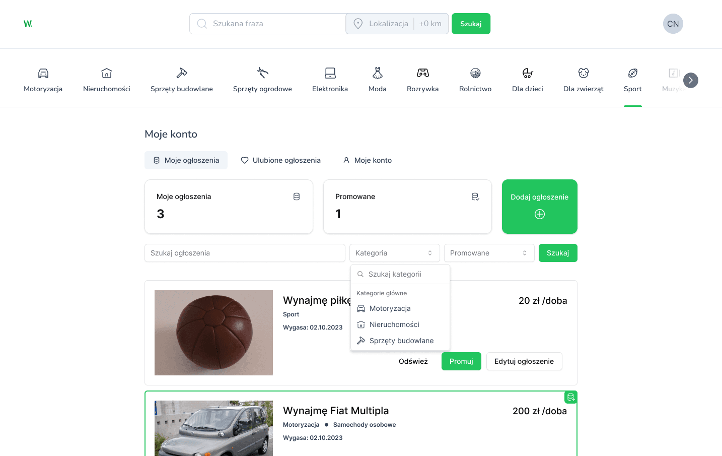 Panel konta użytkownika w systemie rentalowym