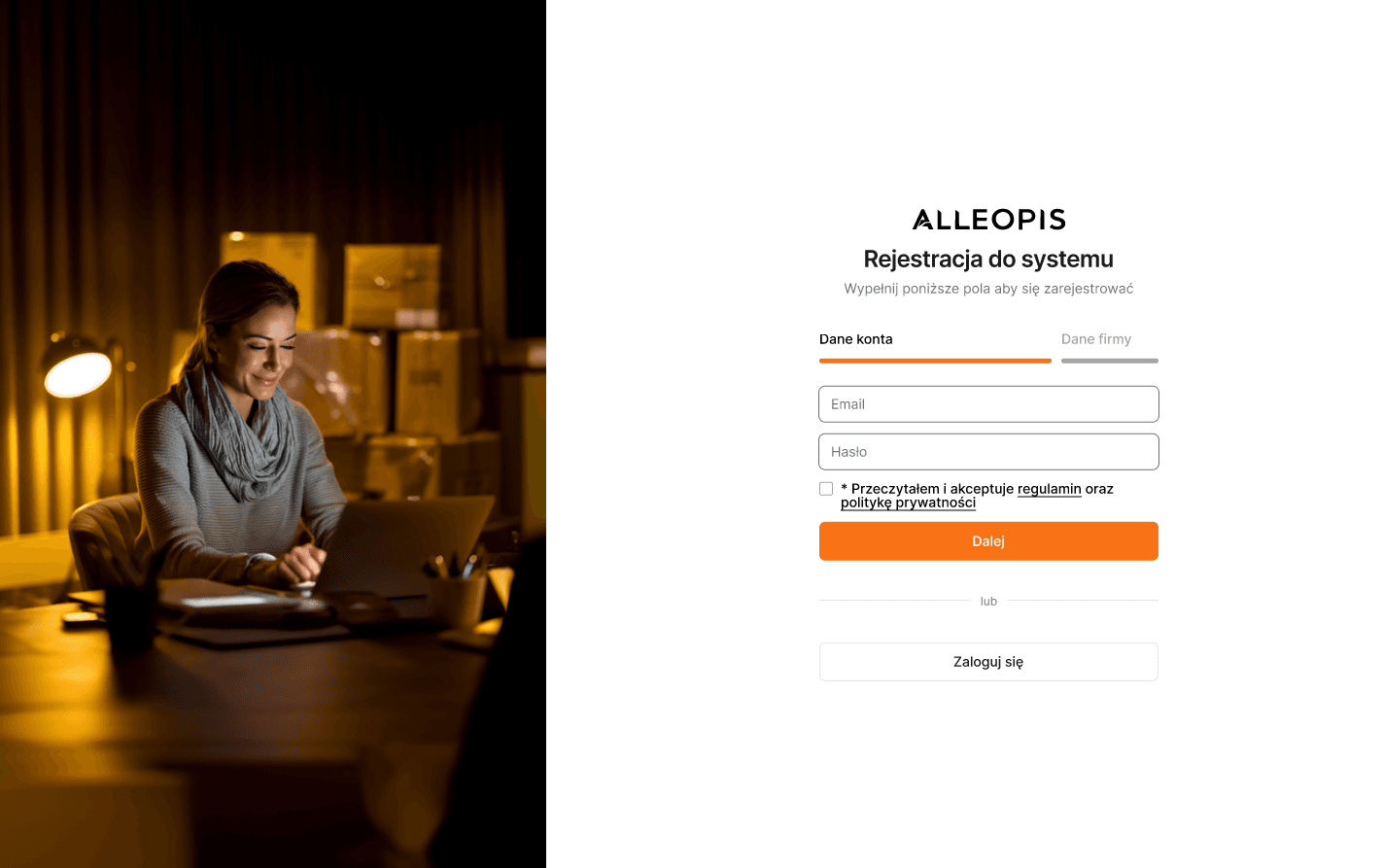 Formularz rejestracji użytkownika w systemie VSprint