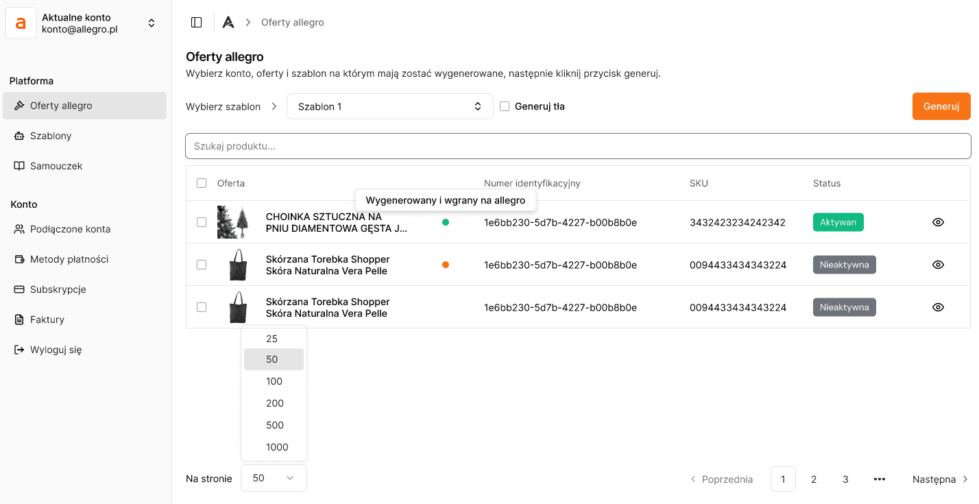 Lista ofert Allegro monitorowanych w systemie BI VSprint
