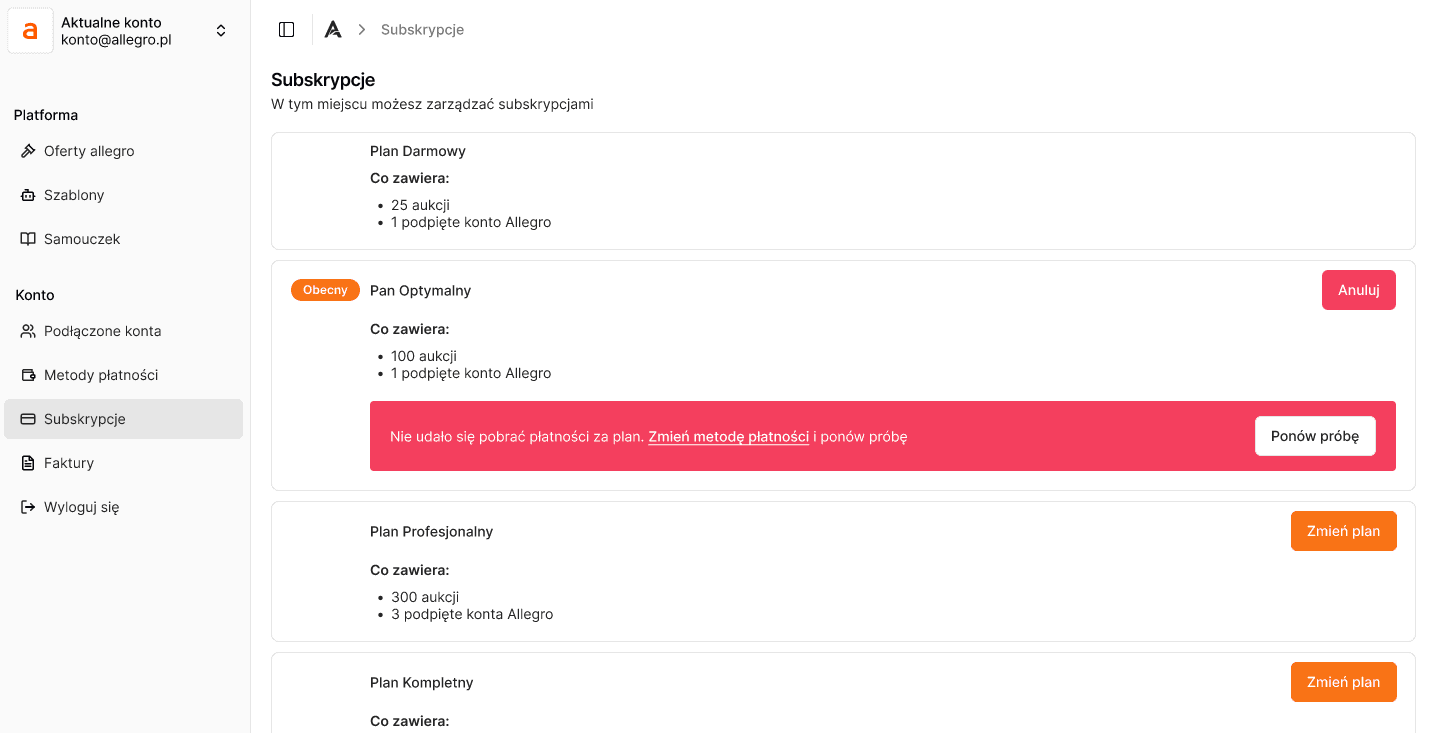 Zarządzanie subskrypcją w systemie VSprint